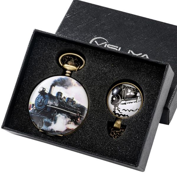 

pocket watches exquisite quartz watch pendant necklace chain with gift box train design case for friend family, Slivery;golden
