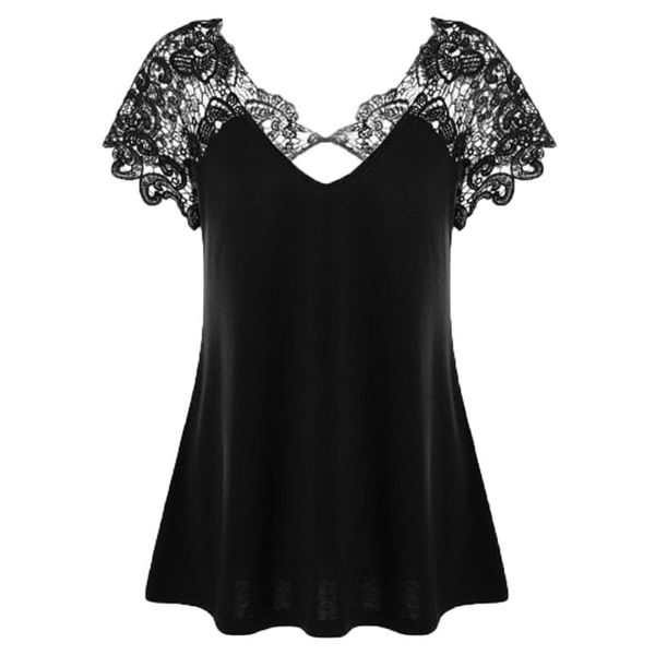 

plus size t-shirt women's blouse fashion v-neck lace short sleeve trim cutwork women clothing blusas mujer de moda 2021, Black