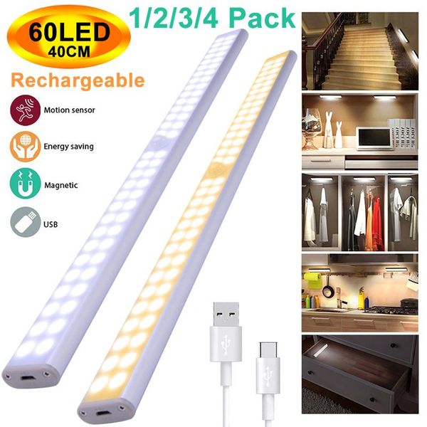 

night light wall lamp 40cm 60leds led pir motion sensor 2 row usb rechargeable portable for cupboard kitchen wardrobe d30 cabinet