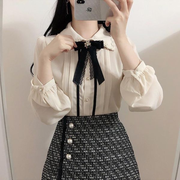 

women's blouses & shirts spring korean sweet embroidery flowers lapel bow tie collar shirt, White