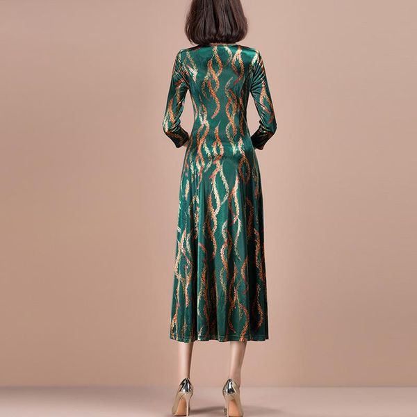 

casual dresses spring 2021 elegant o neck long floral green velvet dress for women, Black;gray