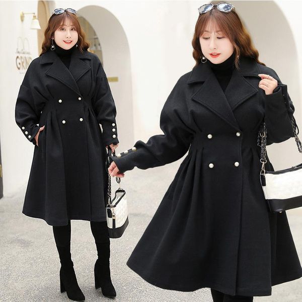 

women's wool & blends lapel solid color winter coat woolen korean fashion large size, Black