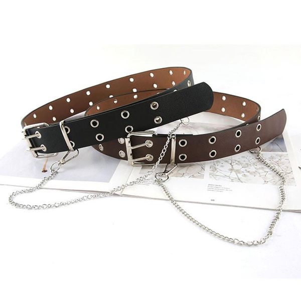 

belts women punk fashion belt adjustable double /single row hole grommet metal buckle leather waistband for jeans dress decorative, Black;brown