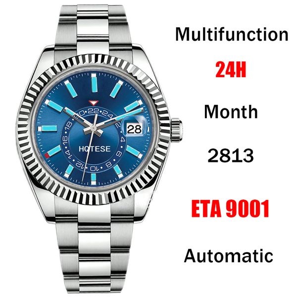 

luxury men business sapphire watch 2813 eta 9001 automatic multifunctional monthly calendar 24h gmt dual time zone diving waterproof watches, Slivery;brown