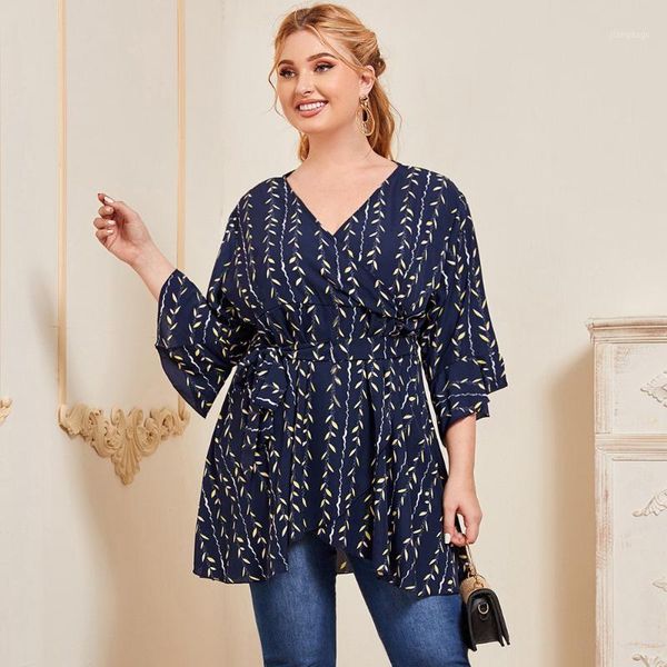 

plus size t-shirt fridayin 2021 autumn women's v-neck flared three quarter sleeves with digital printing slimming casual xl-5xl bow, Black