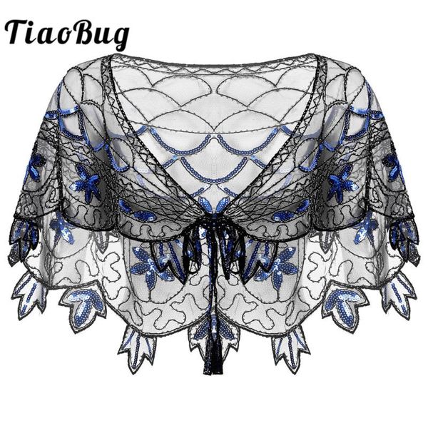 

scarves women's retro vintage 1920s shawls shiny sequins beaded floral mesh wraps ladies evening party flapper cape bolero cover-ups, Blue;gray