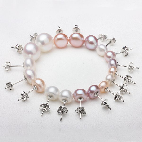 

6 8 10 12 mm natural freshwater pearl stud earrings 925 silver pearls anti allergy ear studs earings for women, Golden;silver