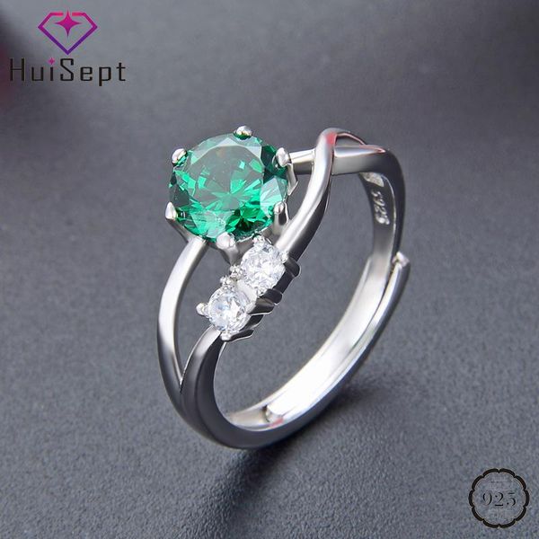 

cluster rings huisept women ring 925 sterling silver jewelry round emerald zircon gemstone finger open accessory for wedding engagement, Golden;silver