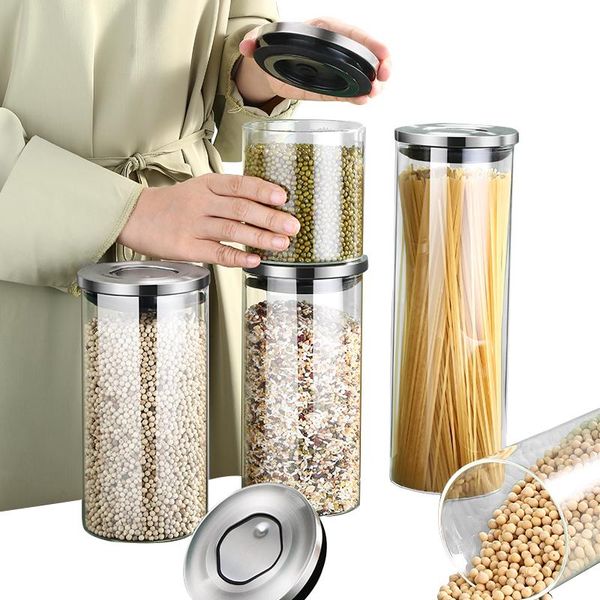

storage bottles & jars kitchen glass airtight container with stainless steel lid reuseable sugar flour snack cereal dry food dispenser rice