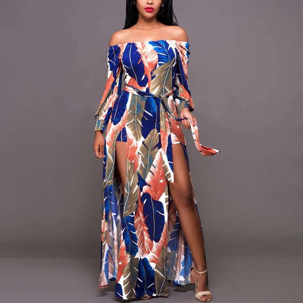 

dresses tree leaf casual print slit off shoulder beach dress, Black;gray