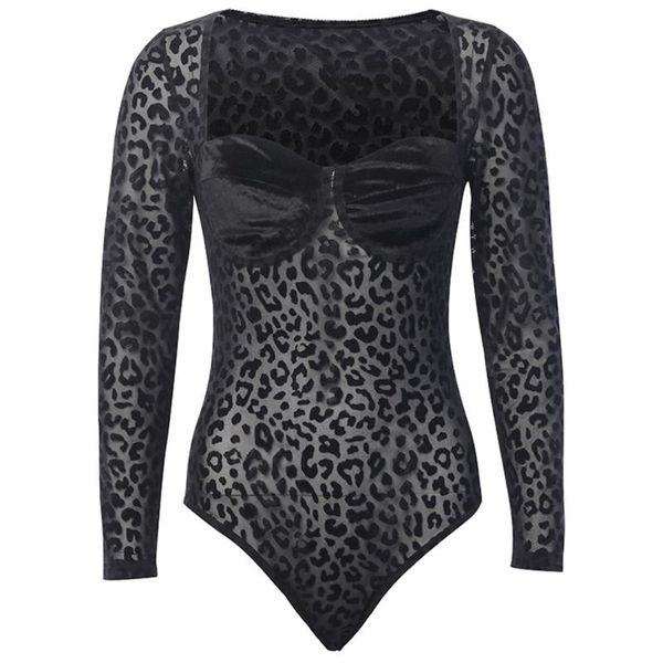 

women's jumpsuits & rompers women mesh leopard bodysuit black square collar long sleeve bodysuits one piece body female femme mujer, Black;white