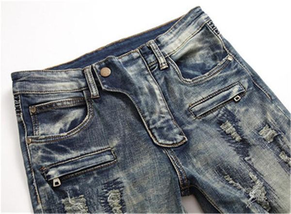 

mens splicing holes jeans fashion trend fold zipper straight long pant designer male mid waist regular washed stretch motorcycle denim pants, Blue
