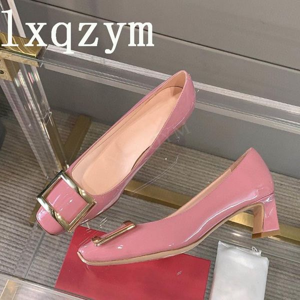 

dress shoes high heels women pumps genuine leather round toe party ladies thin square buckle color zapatos de mujer, Black