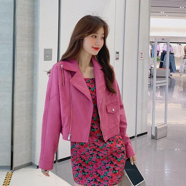 

korean style turn down collar slim pu leather women jacket 2021 spring autumn loose leisure fashion vintage female jackets women's, Black;brown