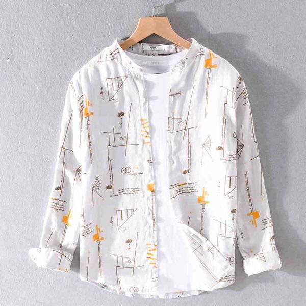 

men's t-shirts printed pure linen retro stand collar brand long sleeve loose beach shirts for men trend casual shirt mens chemise slpi, White;black