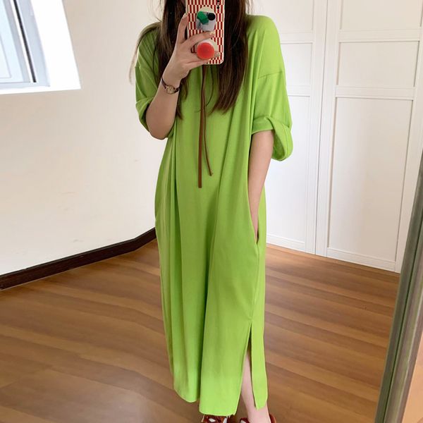 

casual dresses korean version of the lazy apple green white round neck pocket loose short-sleeved split t-shirt dress long skirt f, Black;gray