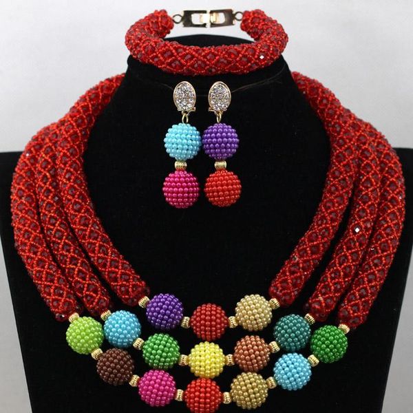

earrings & necklace fantastic wine burgundy nigerian crystal bridal gift african statement women celebration jewelry set gifts qw653, Silver
