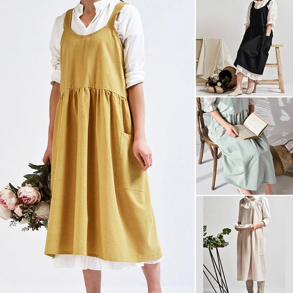 

aprons long sleeveless apron with pockets multipurpose breathable cotton linen workwear for home kitchen garden pr sale