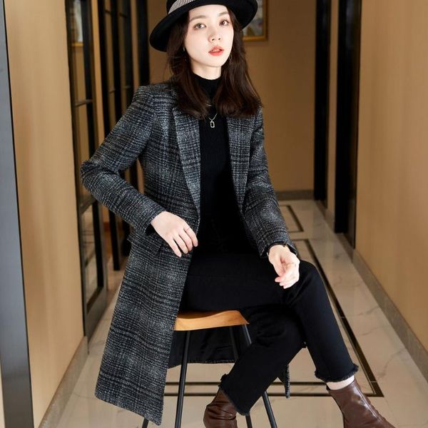 

women's suits & blazers tweed suit winter korean medium long jacket coat collar office work, White;black