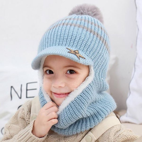 

hats, scarves & gloves sets 2021 knit short plush hooded scarf kids hat and child winter warm protection ear pom cap girls boy accessories, Blue;gray