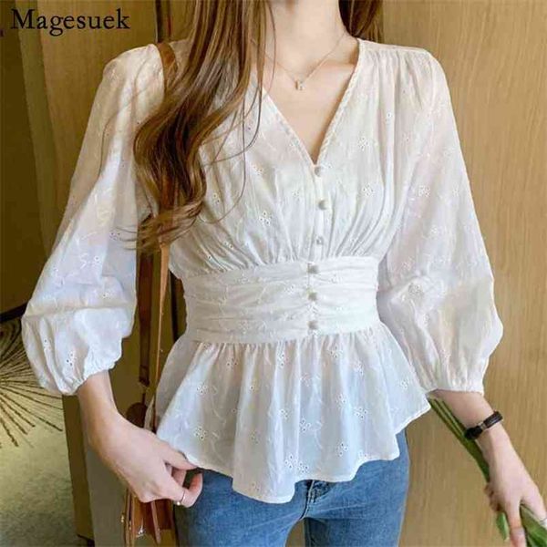 Outono Estilo Coreano Camisa Branca Mulheres Chic V-Pescoço Escritório Lady Slow Sleeve Top Sólido Vintage Blusa 10539 210512