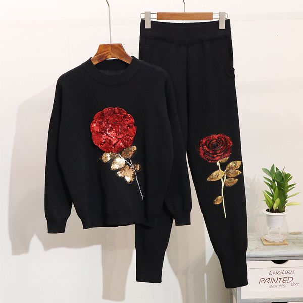 

pant autumn fashion knit suit women sequins rose flowers sweater pants two piece set female loose casual knitted tracksuit 2pcs, White