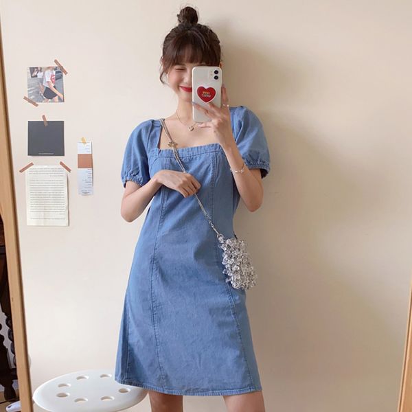 

summer dress korean style soild color square collar short sleeve vintage mini dress womens a line dress(f8011) 210423, Black;gray