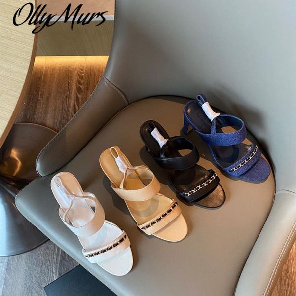 

dress shoes ollymurs 2021 leather women's high-heeled sandals fashion chain comfortable sandals34-42, Black