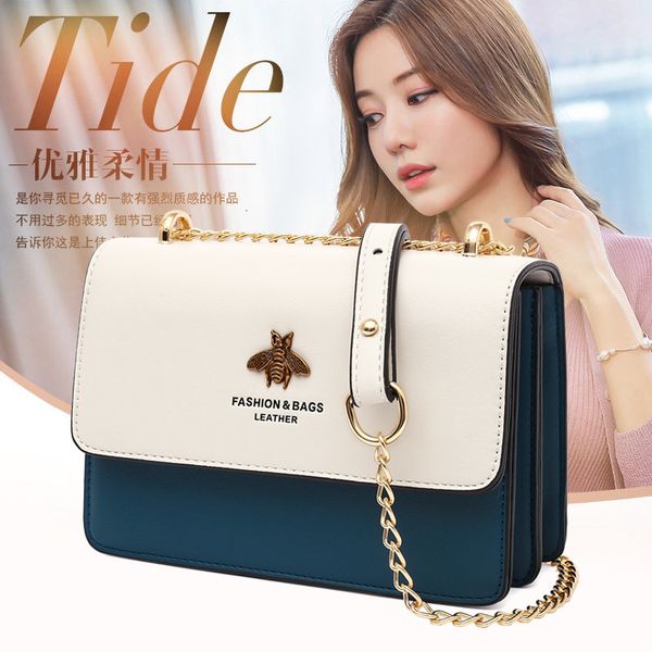 

female 2021 bag fashion shoulder soft leather messenger contrast color chain bag pu bee trend bags