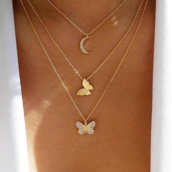 

elegant butterfly moon pendant necklace with rhinestones women alloy multilayer chains choker valentine's day anniversary gifts necklac, Silver