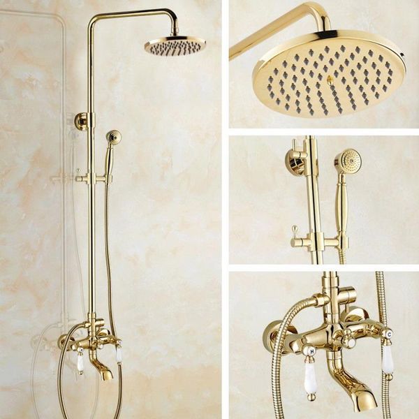 

bathroom shower sets gold color brass two ceramic handle wall mounted rain head bath tub faucet set telephone shape hand spray mgf364