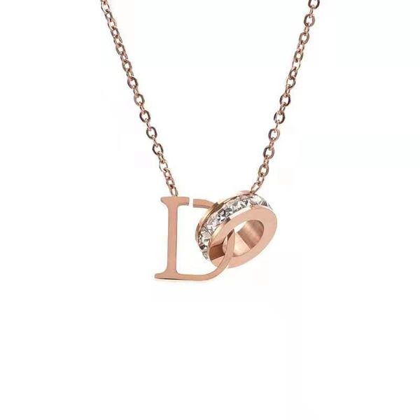 

pendant necklaces luxury zircon stainless steel necklace rose gold simple d letter clavicle short women jewelry, Silver