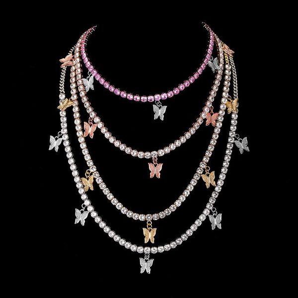 

women butterfly pendant pink/gold/white color zircon chain necklace men hip hop jewelry, chokers, Golden;silver