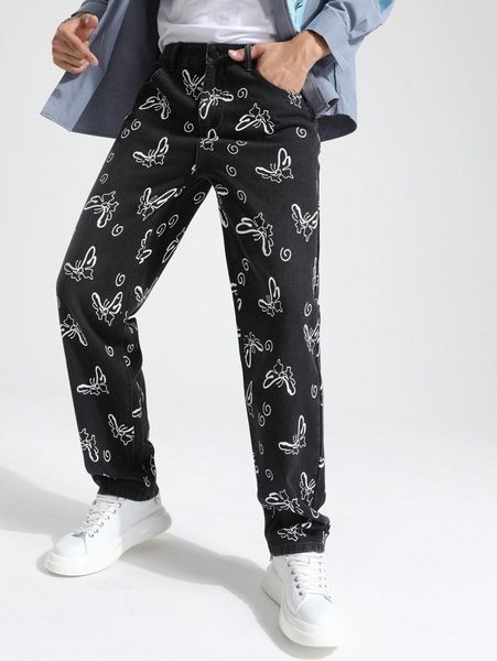 

men allover butterfly print jeans x1hf#, Blue