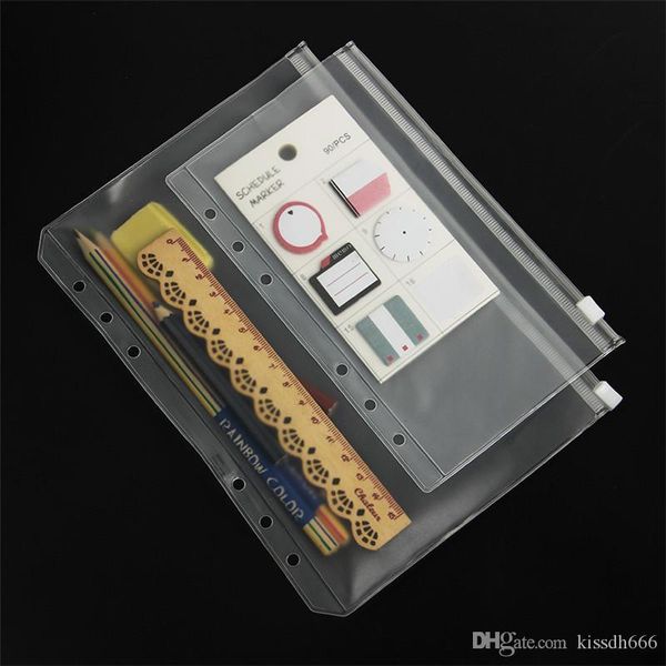 A5 / A6 / A7 PVC 200 шт. Binder Clear Cover Szipper Сумка для хранения на молнии 6 отверстие Водонепроницаемые канцтовары Сумки Office Travel Портативный документ SACK