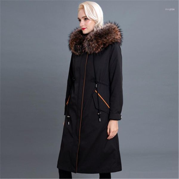 

winter women real fur collar jacket ladies white duck down long coat female thicken warm hooded loose parkas mujer1, Black