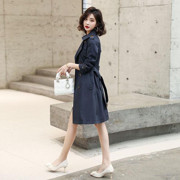 

women's trench coats women 2021 autumn winter double breasted mid-long coat female casual slim belt vintage windbreaker chic outwear g7, Tan;black