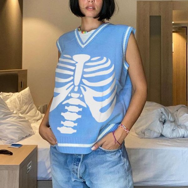 

women's tanks & camis harajuku knitted skull print women sweater vest autumn 2021 y2k retro v neck loose streetwear casual gothic fashi, White