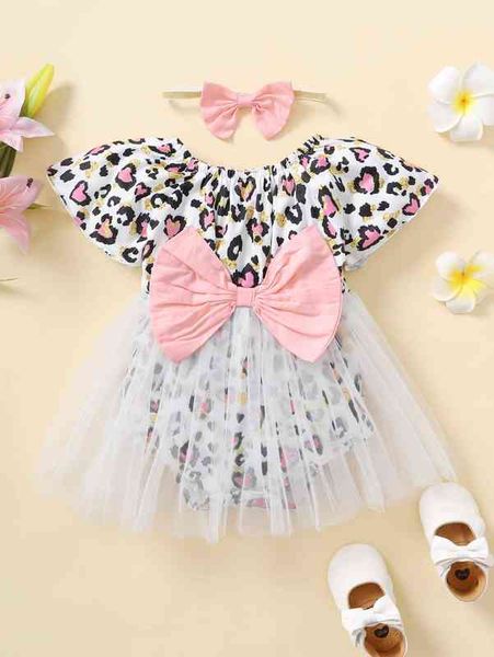 

baby leopard print big bow contrast mesh bodysuit & headband she, Blue