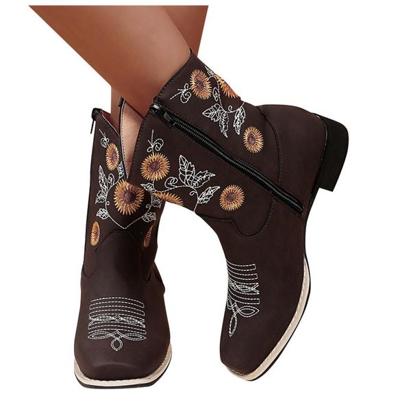 

boots fashion retro embroidered ethnic style large size square toe heel ankle 2021 casual slip-on short women's, Black