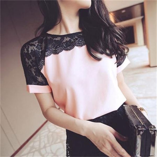 Корейский мода шифон женские блузки кружева с коротким рукавом розовые рубашки плюс размер s вскользь топы blusas femininas elegante 210514