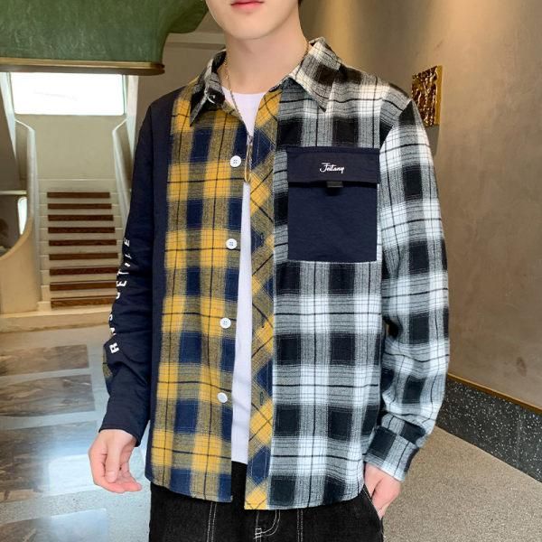 

men's casual shirts hong kong style trendy stitching long-sleeved shirt fashionable hip-hop party patchwork jacket harajuku couple top, White;black