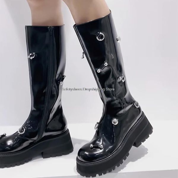 

boots women knee high punk knight 2021 round head thick bottom metal decro side zipper slim woman, Black