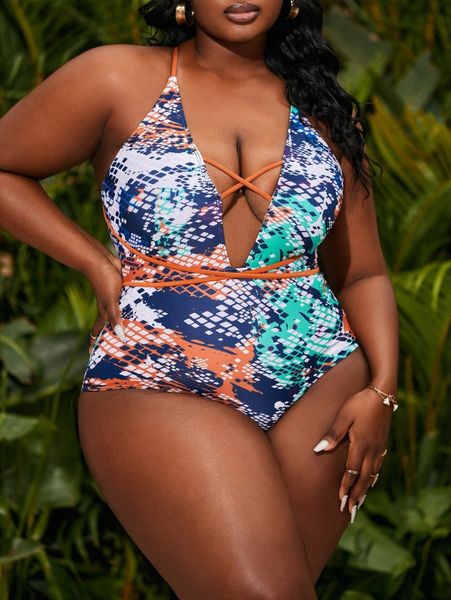 

plus snakeskin criss cross one piece swimsuit p46u#, Black