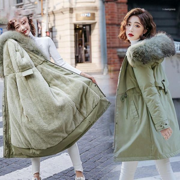 

women's down & parkas winter women fleece inside plus size thick warm mid-long hooded jackets fur female slim padding1, Black