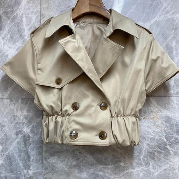 

women's jackets double-breasted jacket elastic waist short sleeve turn-down collar female coat 2021, Black;brown