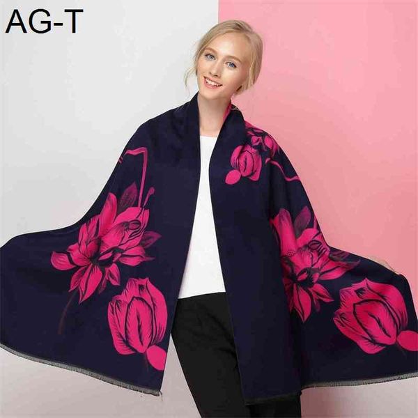 

2019 new classic lotus flowers dual-sided cashmere scarves air conditioning shawl female thick warm woman, Blue;gray