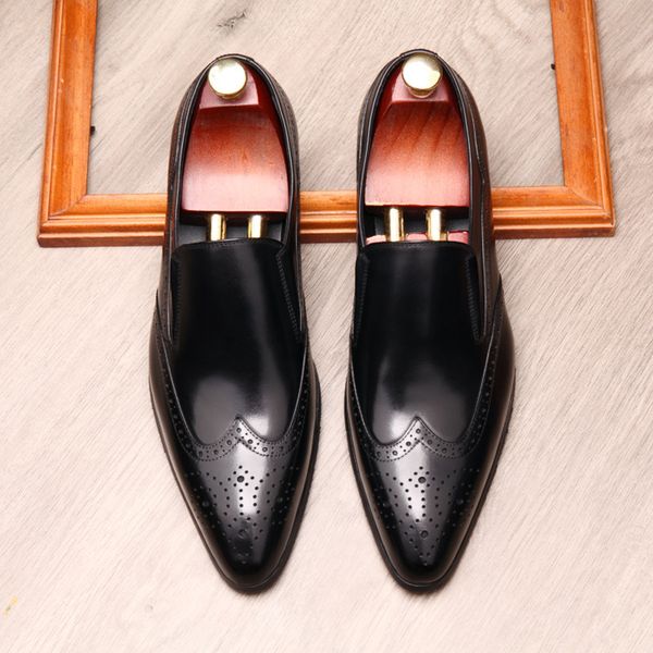 

black red wine genuine leather men dress shoes business party wedding suit brand brogue pointed toe oxford shoes for men