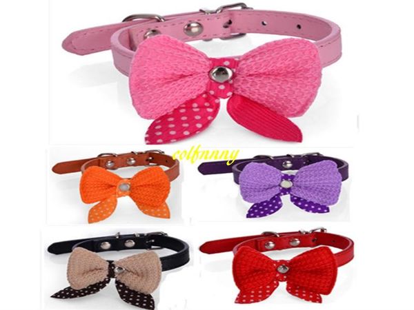 

100pcs/lot fast wool bow tie pu dog collar pet 3 size collars & leashes