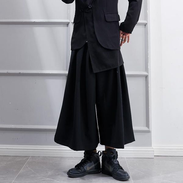 

japanese streetwear men wide leg pants yamamoto nine-point hakama pants, high waist, thin, irregular loose dancing clothing men's, Black